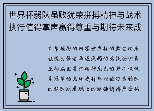 世界杯弱队虽败犹荣拼搏精神与战术执行值得掌声赢得尊重与期待未来成长